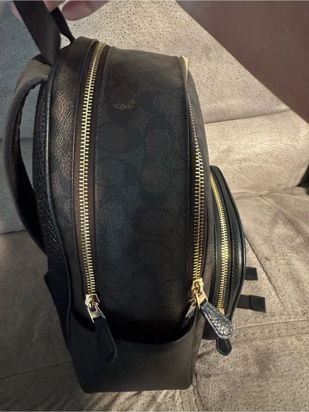 Coach Brown Signature Canvas Mini Backpack with Black Leather Trim